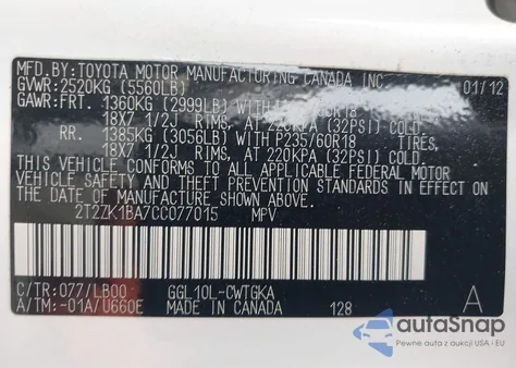 2012 Lexus Rx 350 из США, поврежденный, VIN 2T2ZK1BA7CC077015